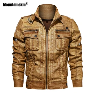 Мужская куртка из ПУ кожи Mountainskin, черная приталенная мотоциклетная куртка, размеры до 6XL, Осень-зима 2021