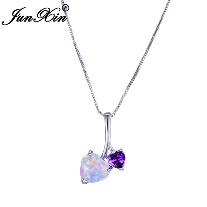 White Opal Necklace JUNXIN, милый кулон с двойным сердцем, синий, белый, огненный опал, ожерелья для женщин, Свадебное колье, 925 серебро, фиолетовый циркон, вечерние ювелирные изделия - Окраска металла: White Opal Necklace