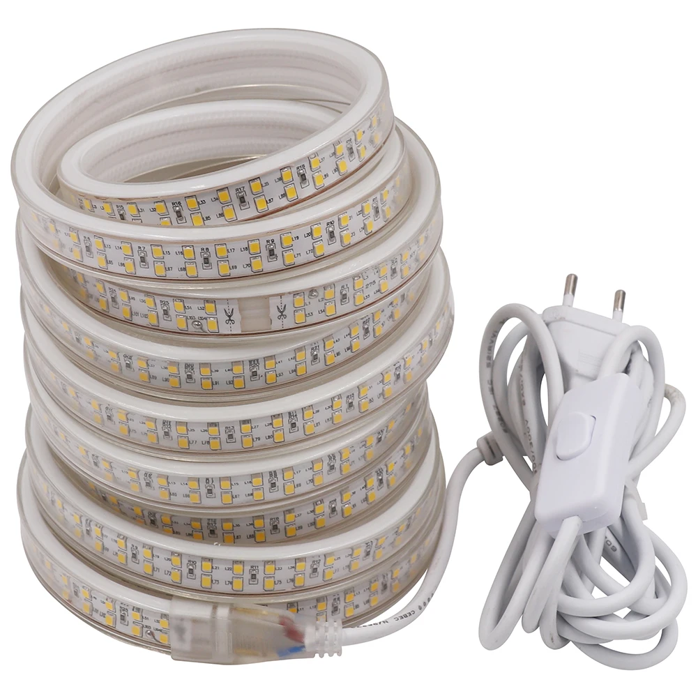 208Led/m светодиодные ленты AC220V, 2835SMD двухрядные белый/теплый белый водонепроницаемый светодиодный светильник+ 3M кабелем EU Мощность штепсельная вилка с вкл/выкл переключатель