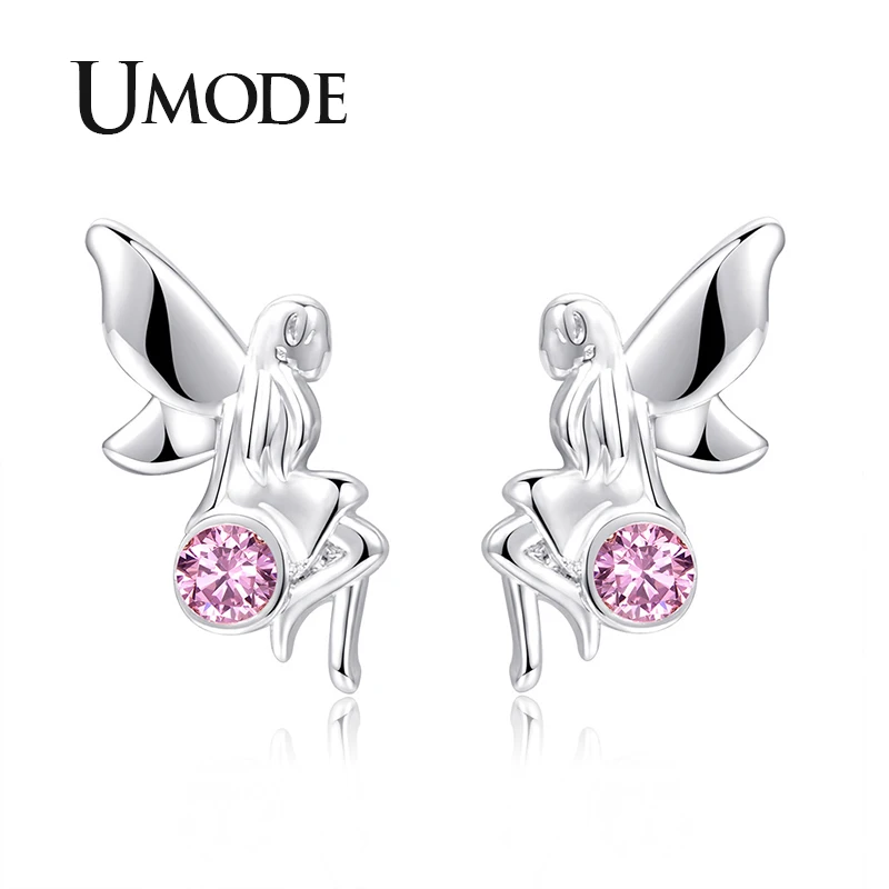 

UMODE Angel Stud Earrings for Women Small Cute Elf Girls Earrings Fashion Jewelry Korean Pink Crystal Accessories UE0567