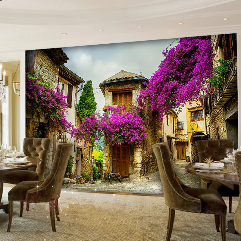 

[Self-Adhesive] 3D Purple Flower vine Ancient Courtyard Houses 8 Wall Paper mural Wall Print Decal Wall Murals
