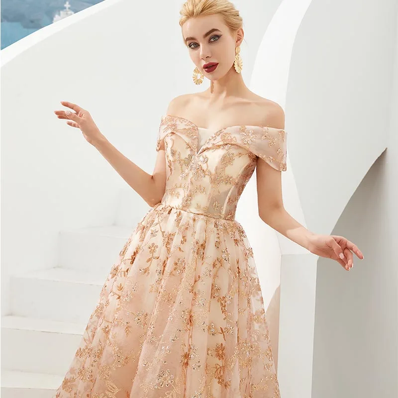 Кружевные платья с блестками для выпускного вечера открытыми плечами а силуэта