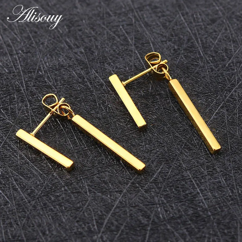 Gold Alisouy, 2 шт., Европейская и американская мода, новинка, минималистичные, золотые, серебряные, две прямые титановые серьги-Цепочки, элегантные серьги - Окраска металла: Gold