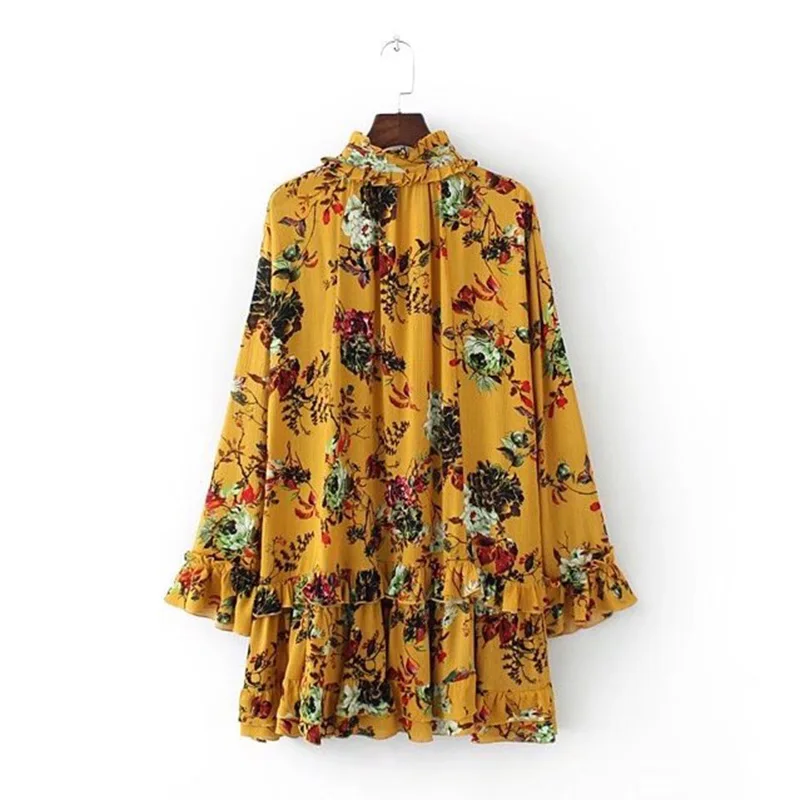 2017 New Fashion Short Mini Dress Women Casual Long Sleeve Ruffles Print Female Loose Floral Vestidos Robe | Женская одежда