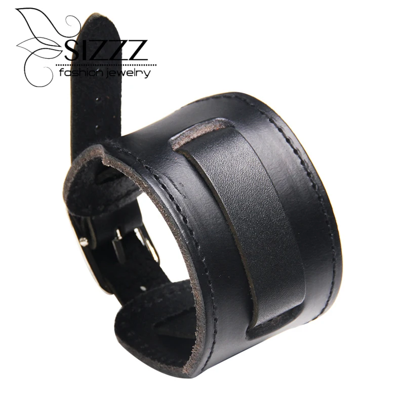 SIZZZ 29.3CM*4CM Cowhide classic European and American big punk style Bracelets&Bangles For Women/men