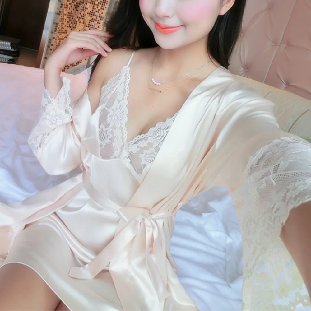 Женское сексуальное кружевное шелковое атласное кимоно халат ночная рубашка