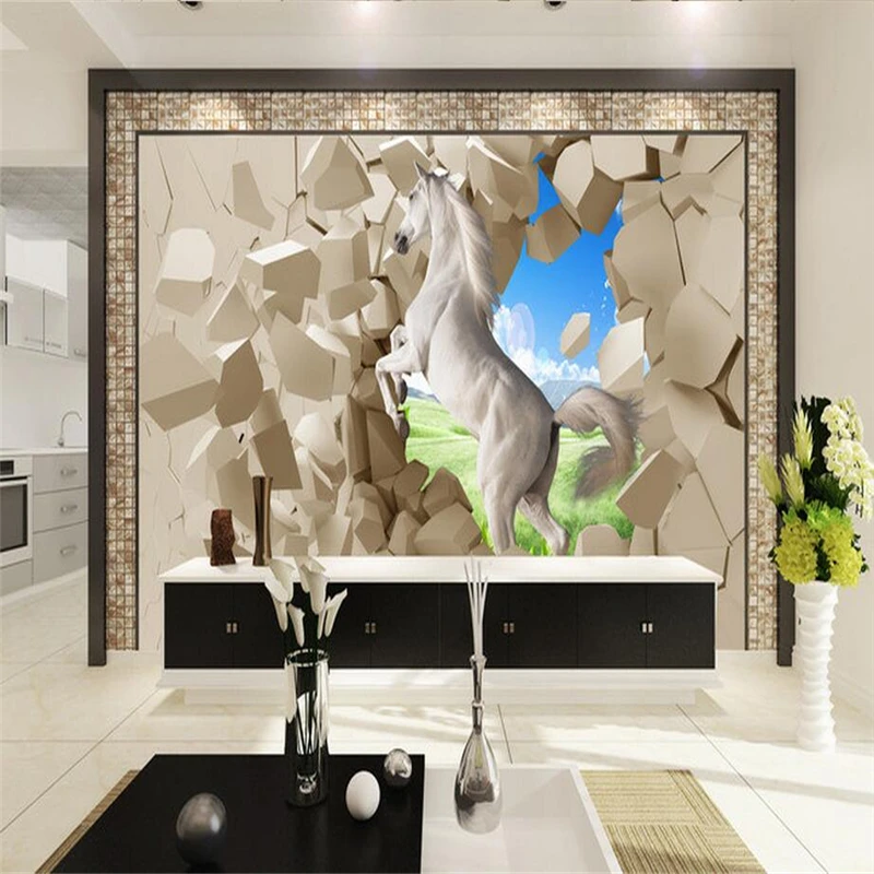 

Custom Wallpaper 3D Stereoscopic White Horse Photo Wall Mural Grey White Brick Wallpapers Wall Papers for Living Room Home Decor