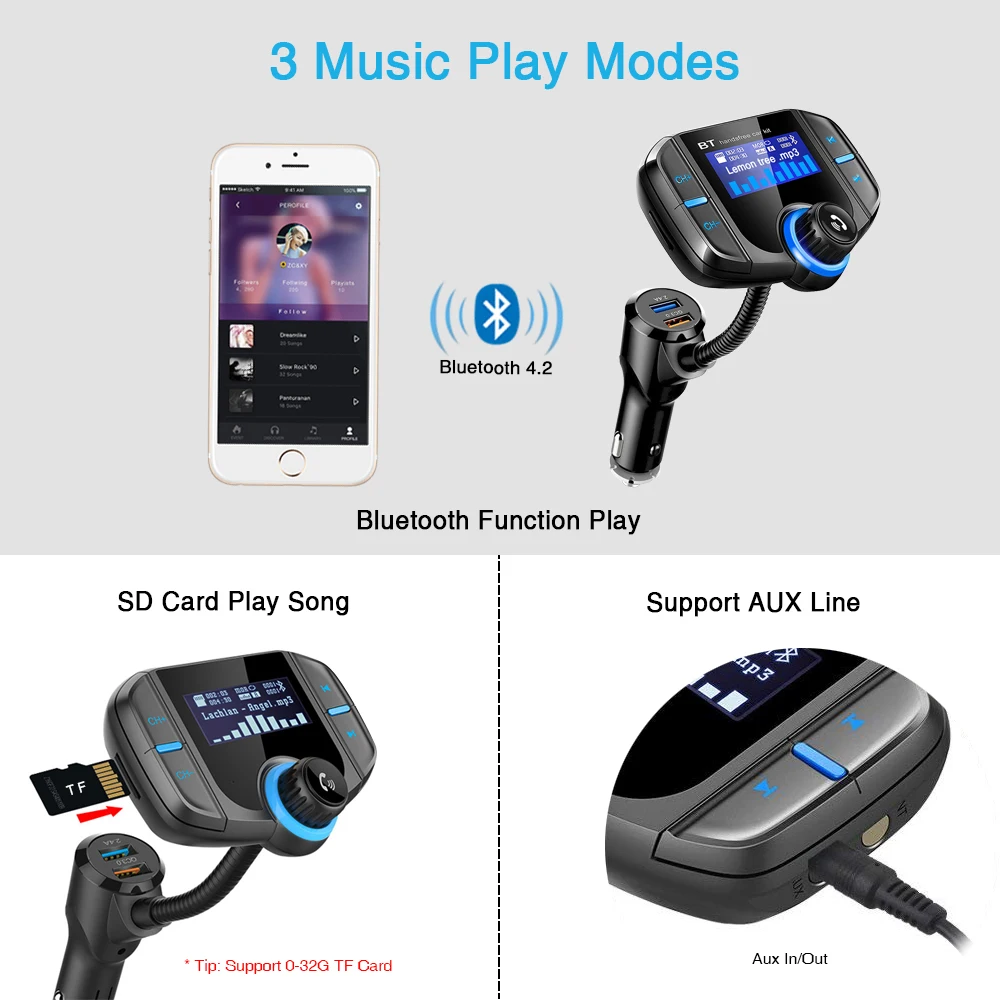 Автомобильный fm передатчик BT70 с Bluetooth беспроводной адаптер QC3.0 двумя USB портами и