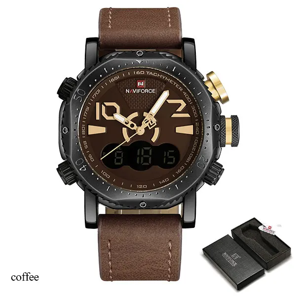 coffee NAVIFORCE Брендовые мужские спортивные часы с двойным дисплеем мужские часы светодиодный цифровой аналоговый часы Оранжевые кварцевые часы 30 м водонепроницаемые мужские часы - Цвет: coffee