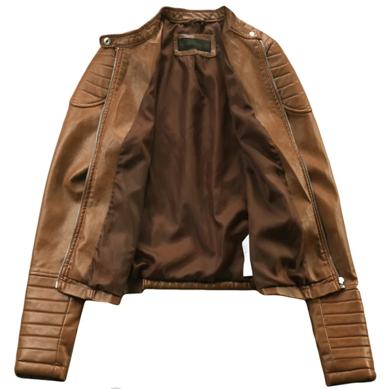

AKSLXDMMD Women O Neck Collar PU Leather Jacket New Fashion Motorcycle Leather Clothing Women Slim PU Locomotive Coat YR086