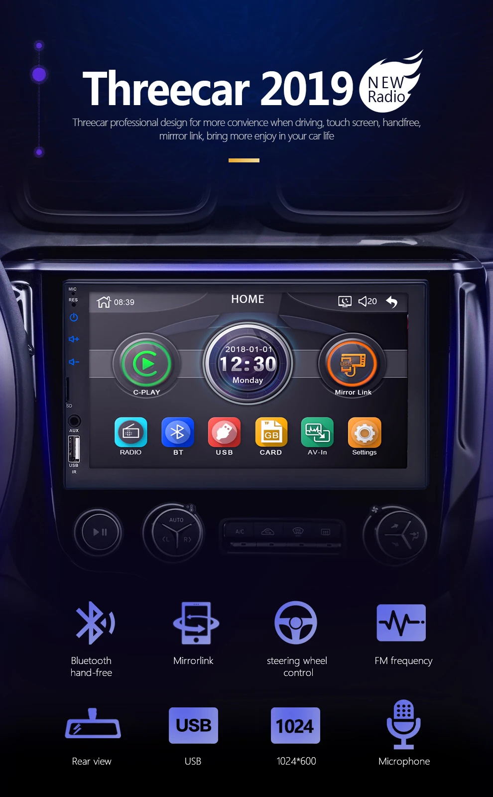 2 din автомагнитола " HD сенсорный экран плеер Android Авто Carplay мультимедиа MP5 FM/USB/AUX/Bluetooth автомобильный аудио для камеры заднего вида