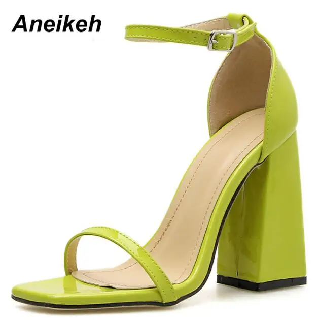 Yellow Aneikeh/; летние классические женские босоножки из искусственной кожи; пикантные туфли с квадратным носком на высоком квадратном каблуке; туфли с пряжкой на ремешке; цвет черный, оранжевый, желтый, зеленый - Цвет: Yellow