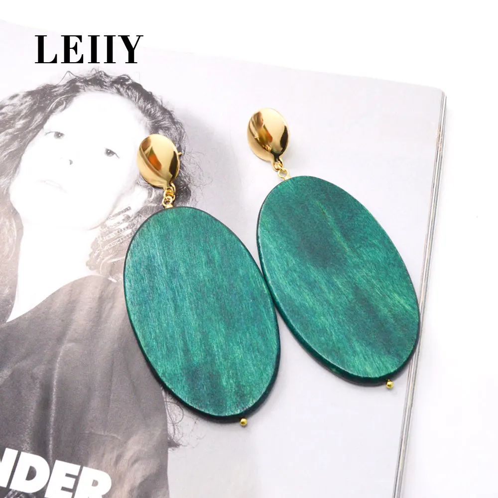 Leiiy Элегантный Большой Овальный зеленый натурального дерева серьги для Для