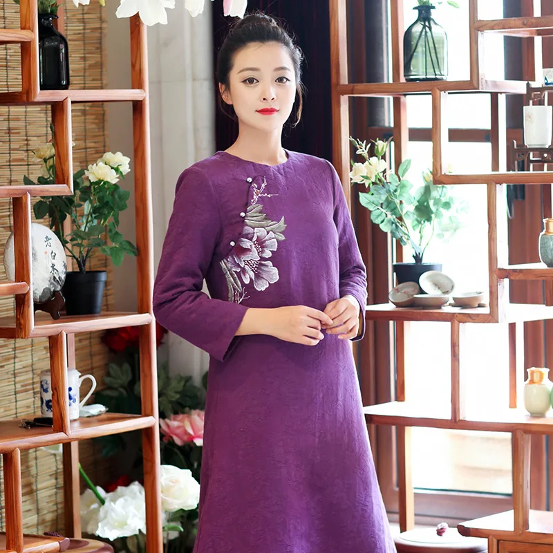 Tradition chinese style round collar only purple hand-decorated flowers winter-autumn women dresses tea cotton clothes | Женская одежда