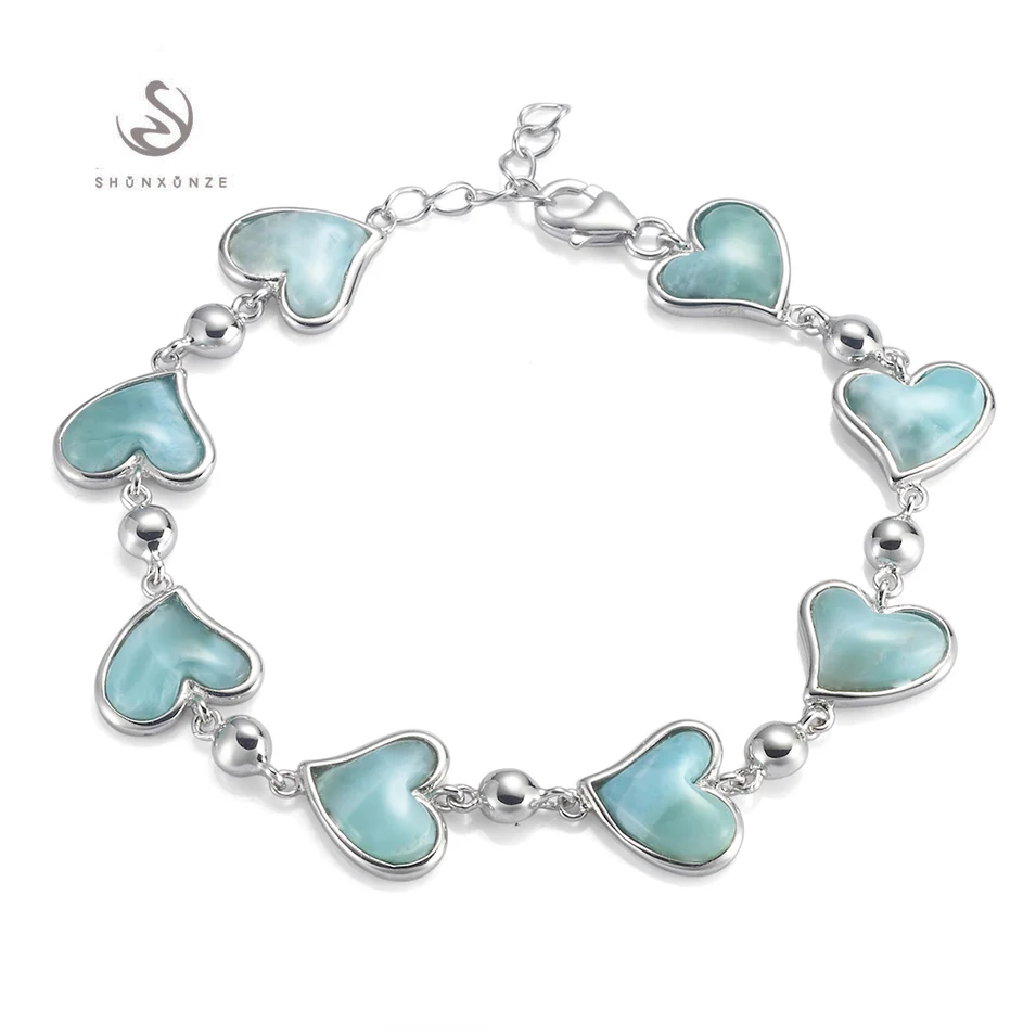 Eulonvan сердце 925 пробы серебряные браслеты для женщин Larimar натуральный камень красивые амулеты женские ювелирные изделия Прямая поставка S-3798