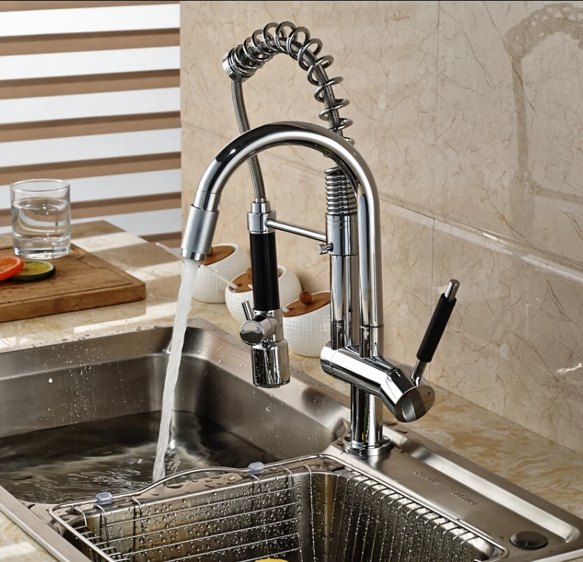Modern Design Deck Mount Spring Double Swivel Spout Kitchen Mixer Faucet Single Handle with LED Light | Обустройство дома