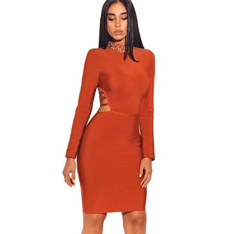 Seamyla Новая мода Бандажное платье для женщин с длинным рукавом Bodycon знаменитостей вечерние сексуальные платья с открытой спиной шнуровка оранжевая Клубная одежда