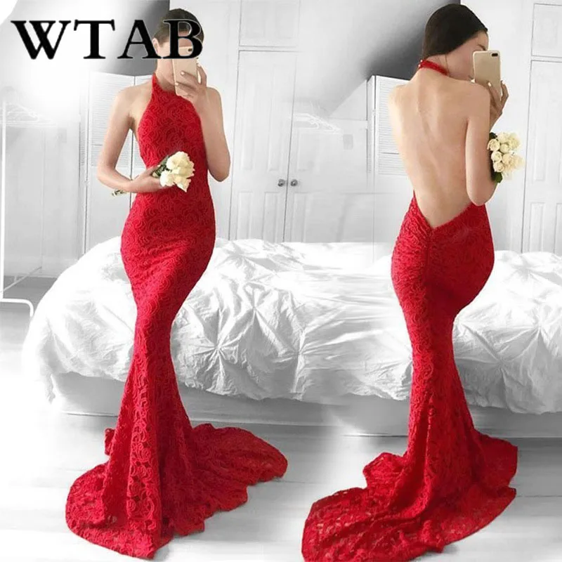 Женское платье с открытой спиной WTAB Vestidos длинное красное лямкой на шее без