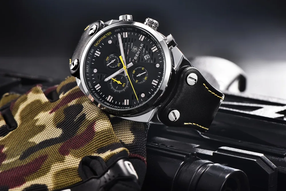 Мужские часы Reloj Hombre роскошный бренд BENYAR модные кожаные Кварцевые водонепроницаемые спортивные часы с хронографом Relogio Masculino