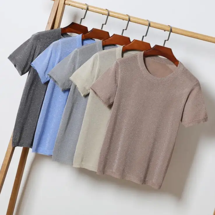 Knitted pullover women's casual round neck solid loose thin sweater Female khaki white bright silk brief short sleeve women tops