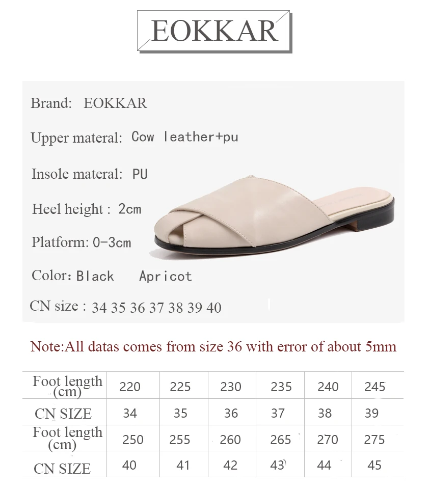 

Eokkar 2019 Women Mules Flats Sandals Closed Toe Low Heel Shoes Slip on Slingbacks Cow Leather Apricot Ladies Shoes Size 34-40