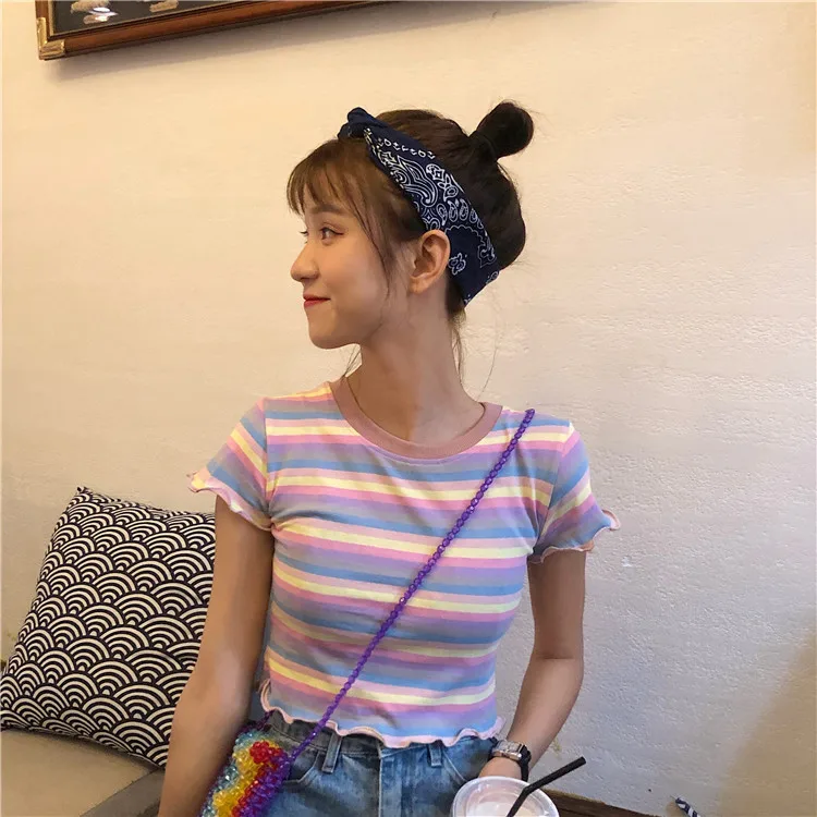 YouGeMan Camiseta Mujer 2020 Летняя женская футболка Корейская Ulzzang Harajuku Радужная полосатая