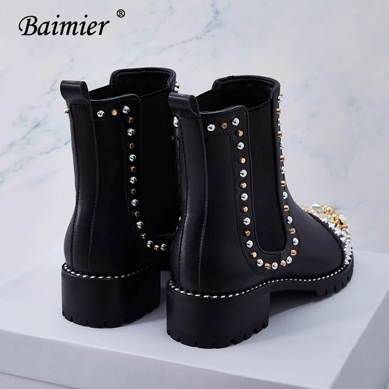 Baimier/; роскошные женские ботинки с заклепками; цвет золотистый, Серебристый; женские ботильоны из натуральной кожи; фирменный дизайн; женские ботинки «Челси» без застежки