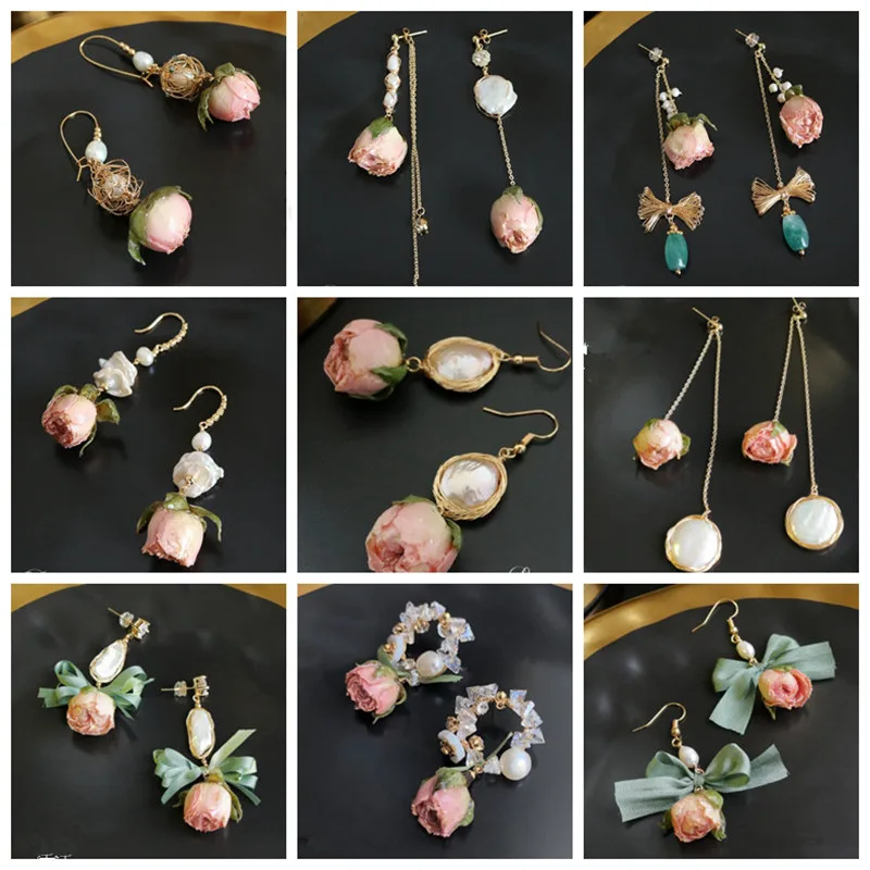 

Hand Made Dried Flowers Earrings For Women Freshwater Baroque Pearl Dangle Drop Earrings Original Design Statement Jewelry 2019