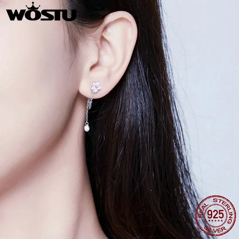 WOSTU 925 пробы серебряные серьги в виде цветка сакуры розовые длинные серьги из циркония для женщин Свадебные Роскошные ювелирные изделия CTE057