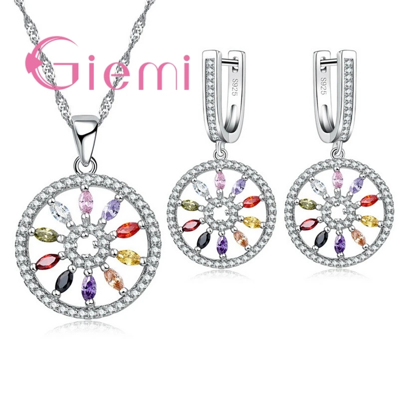 

Round Pendant With Beautiful Flower Shape Earrings Necklace Crystal Jewelry Sets Cubic Zircon 925 Sterling Silver For Girl