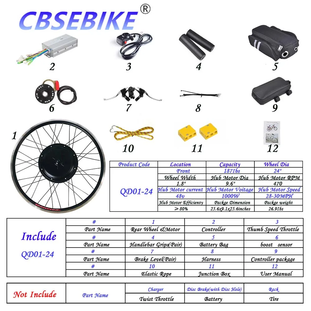CBSEBIKE Ebike, комплект передних колес, высокая скорость преобразования 36v250w 36v500w 48v500w 48v1000w, 24 дюйма, QB01-24 - Цвет: 24inch 48v1000w QD1