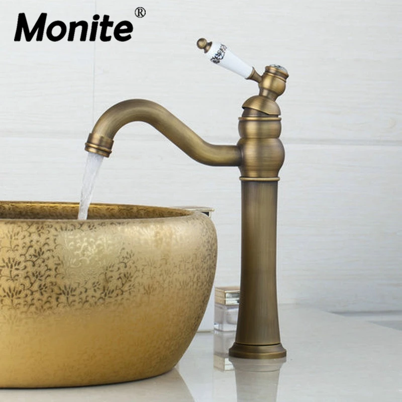 

Monite Antique Brass Swivel Deck Mounted Bathroom Faucet Ceramic Single HandleBrass Basin Sink Kitchen Faucet Mixer Tap