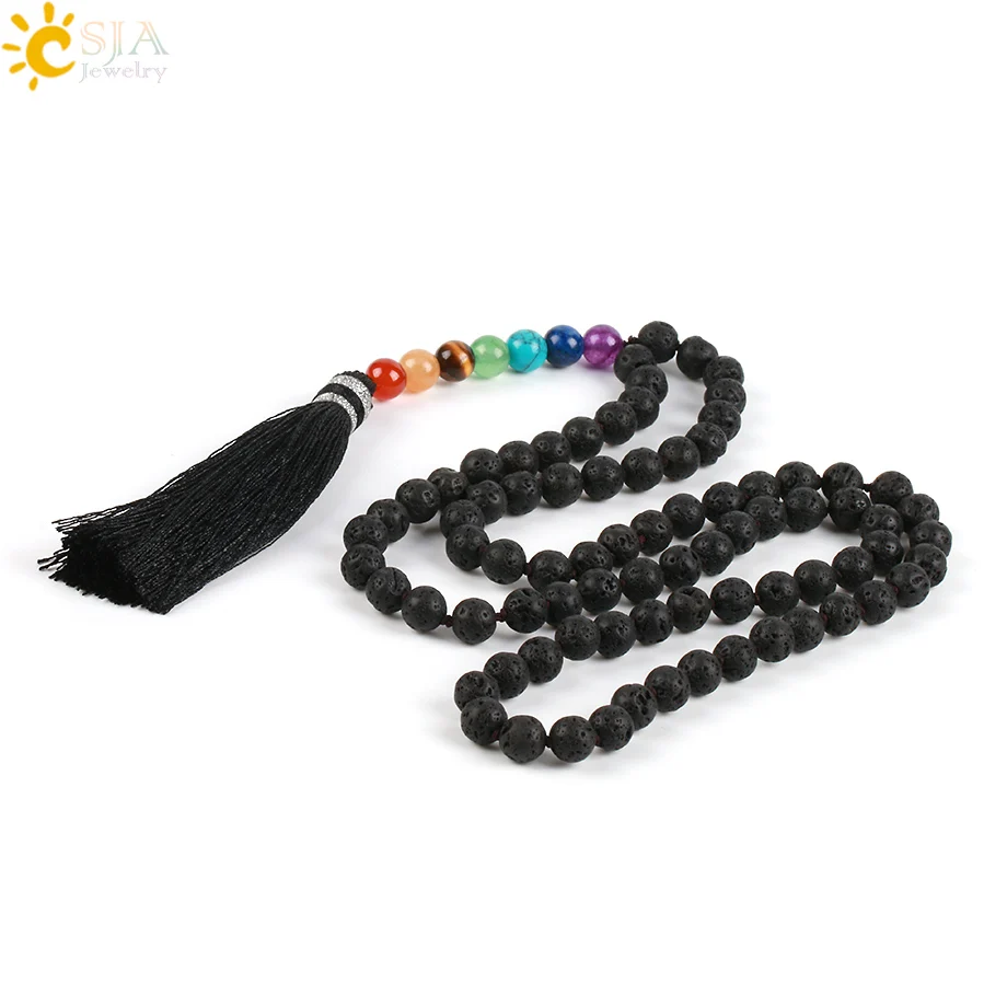 CSJA натуральный камень черный вулканическая лава бусы длинное ожерелье 7 Чакра