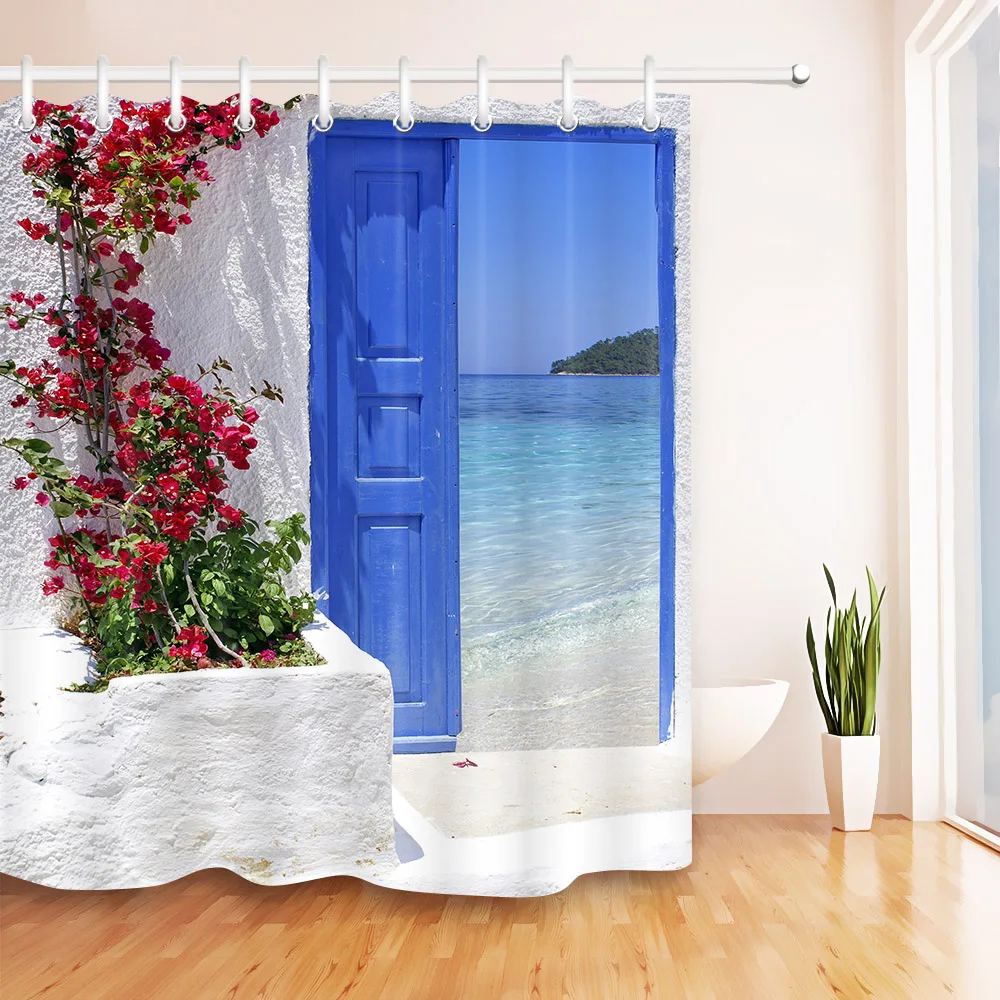 red flower blue greek door with a sea view on island shower curtain with bathroom mat set waterproof fabric for bathtub decor free global shipping