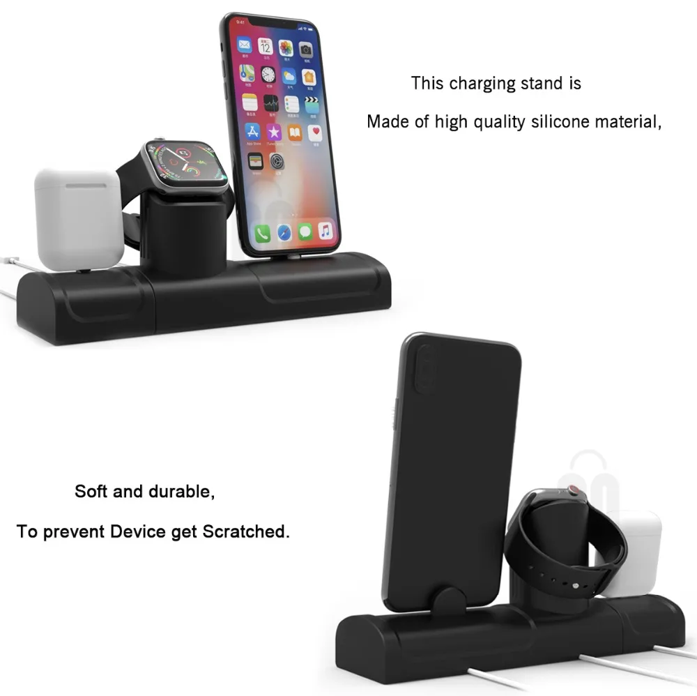 3-в-1 Подставка для зарядки для iPhone X/XS силиконовый зарядная док-станция для Apple Watch 1/2/3/4 Настольный держатель для Airpods