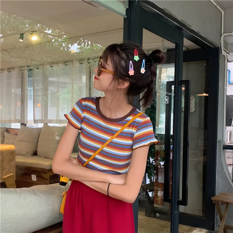 YouGeMan Camiseta Mujer 2020 Летняя женская футболка Корейская Ulzzang Harajuku Радужная полосатая