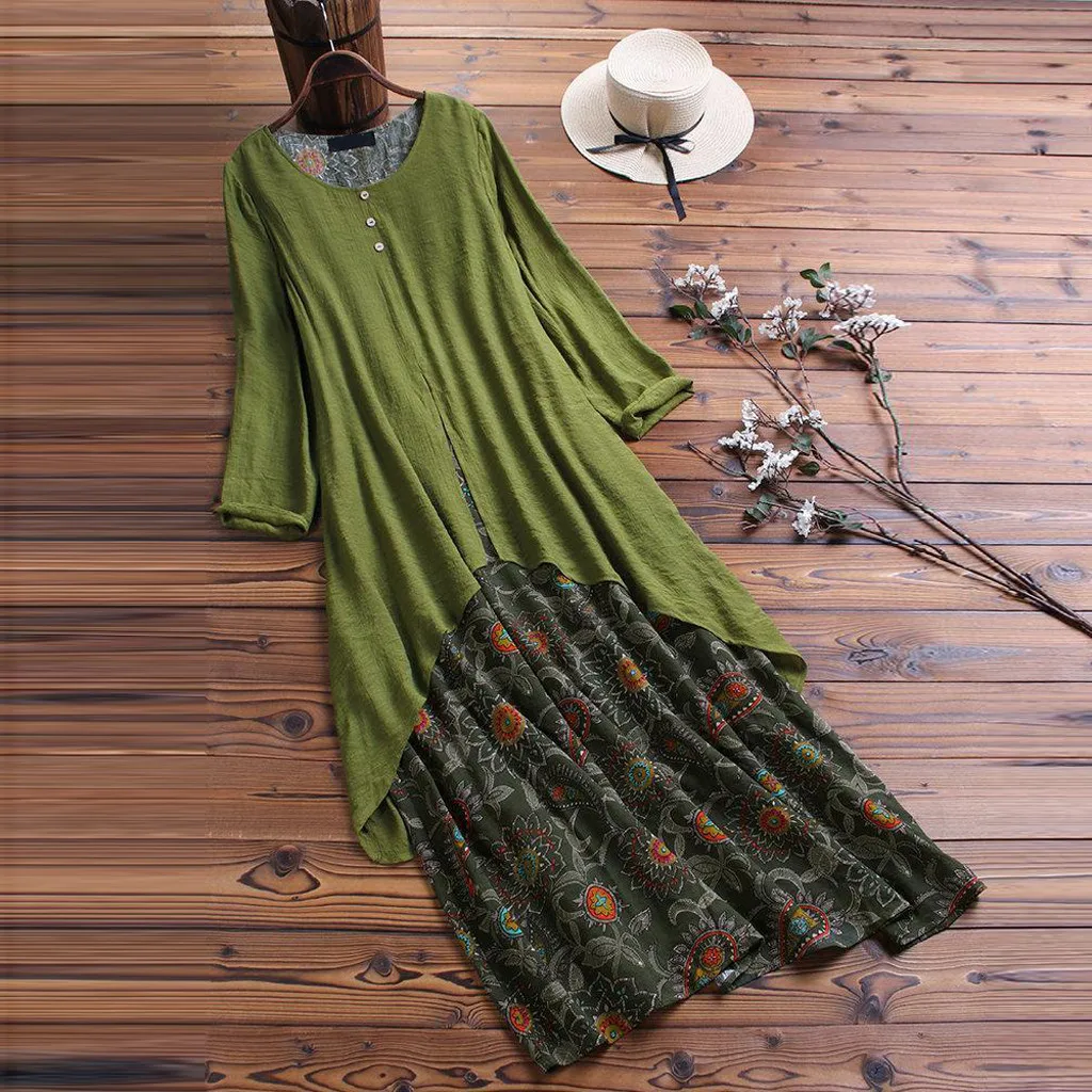 

Women Dresses Women Plus Size Vintage Retro Printed Fake Two-Piece Long Sleeves O-Neck Maxi Dresses vestidos femininos