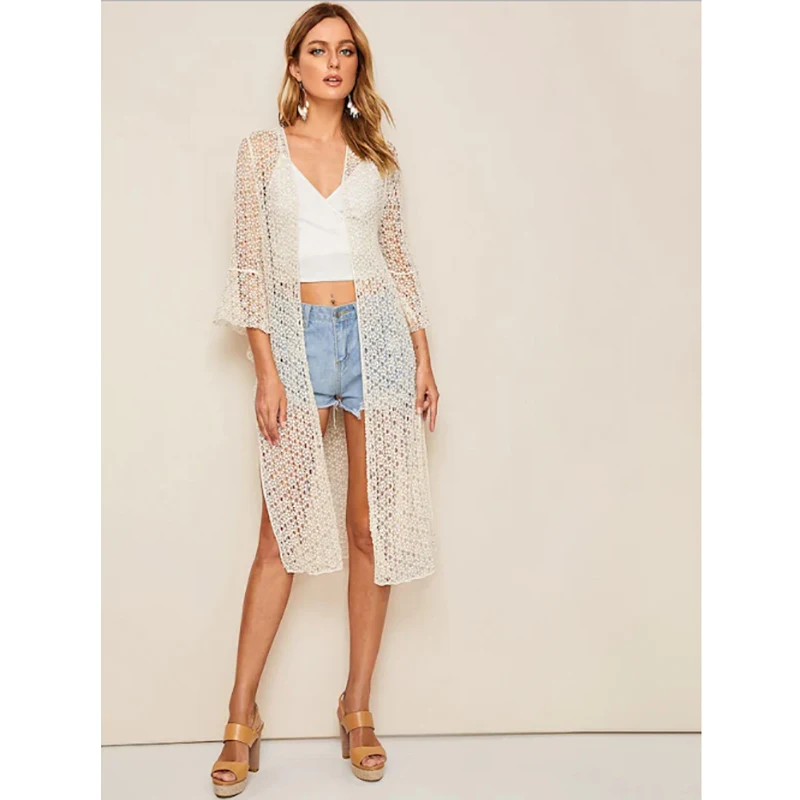 Женское ажурное бикини белое кружевное пляжное платье-туника с разрезом и