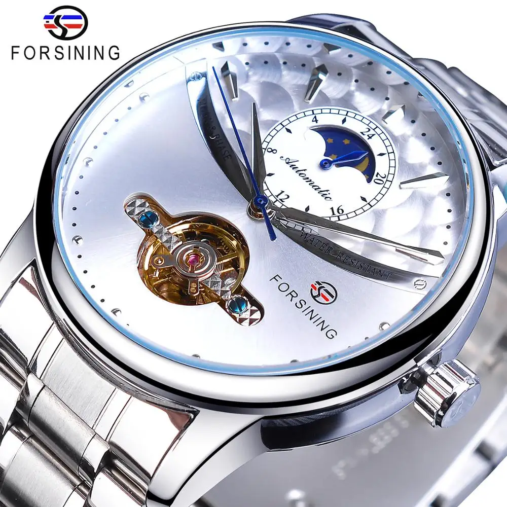 

Forsining Men Watch Automatic Mechanical Tourbillon Sun Moon Clock White Business Stainless Steel Band Wristwatch Relojes Hombre