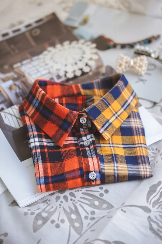 Double Patch Colorful Checkered Red Yellow Necklace Vest Shirt turn down detachable fashion shirt sweater false collar necklace | Женская