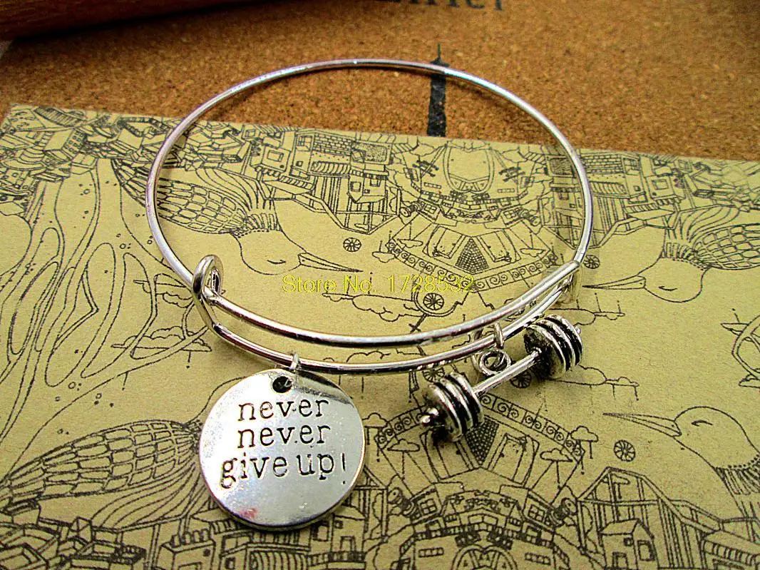 Hot sale diameter 65mm silver bracelets bangles never give up with dumbell kettlebell barbells jewelry for women | Украшения и