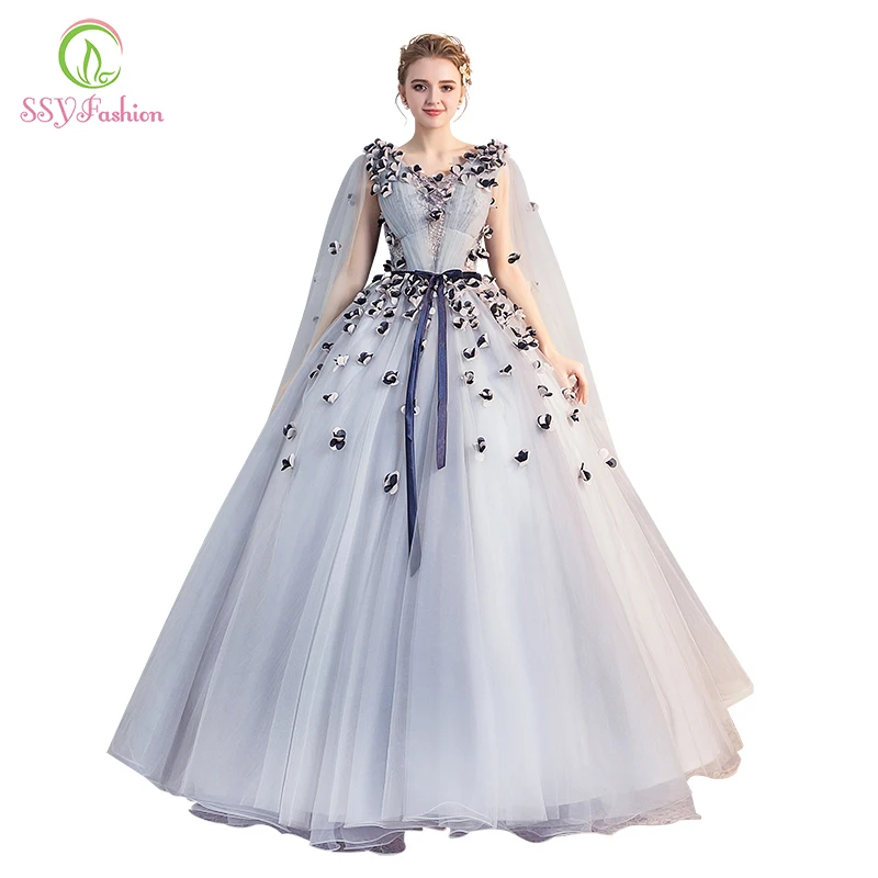 SSYFashion, новое платье для выпускного вечера, милое серое кружевное платье с цветочным рисунком, а-силуэт, в пол, Appliuqes, вечернее платье, торжественное платье, Robe De Soiree