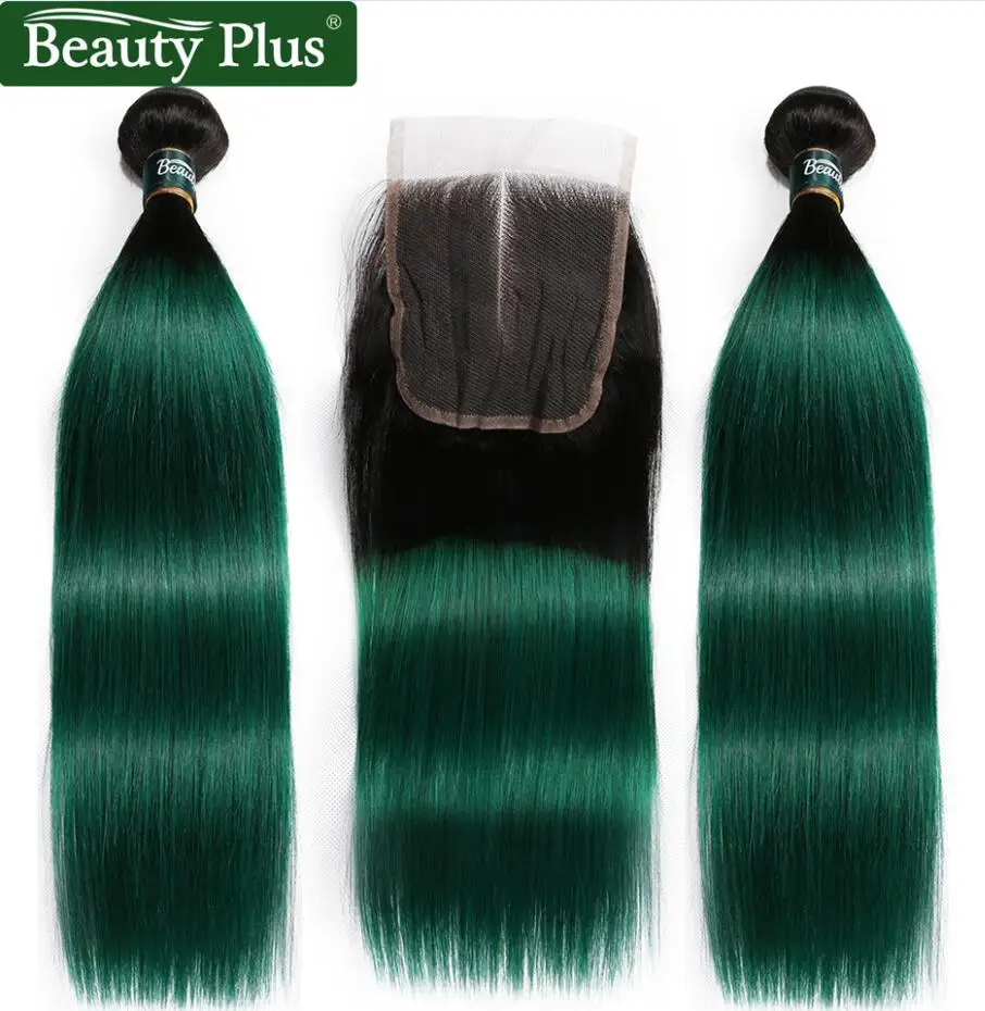 Ombre Bundles With Closure Peruvian Straight Human Hair Weave Beauty Plus Nonremy Blue Green Pink Blonde 2 Bundles With Closure - Цвет: 1B Green