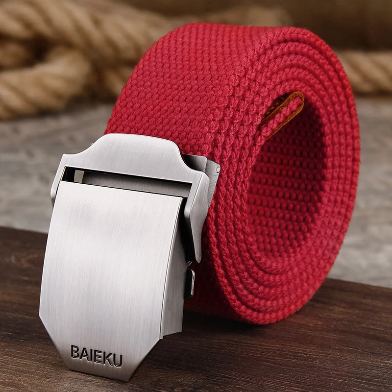 Мужской ремень из парусины BAIEKU красный с гладкой пряжкой аксессуары для джинсов |