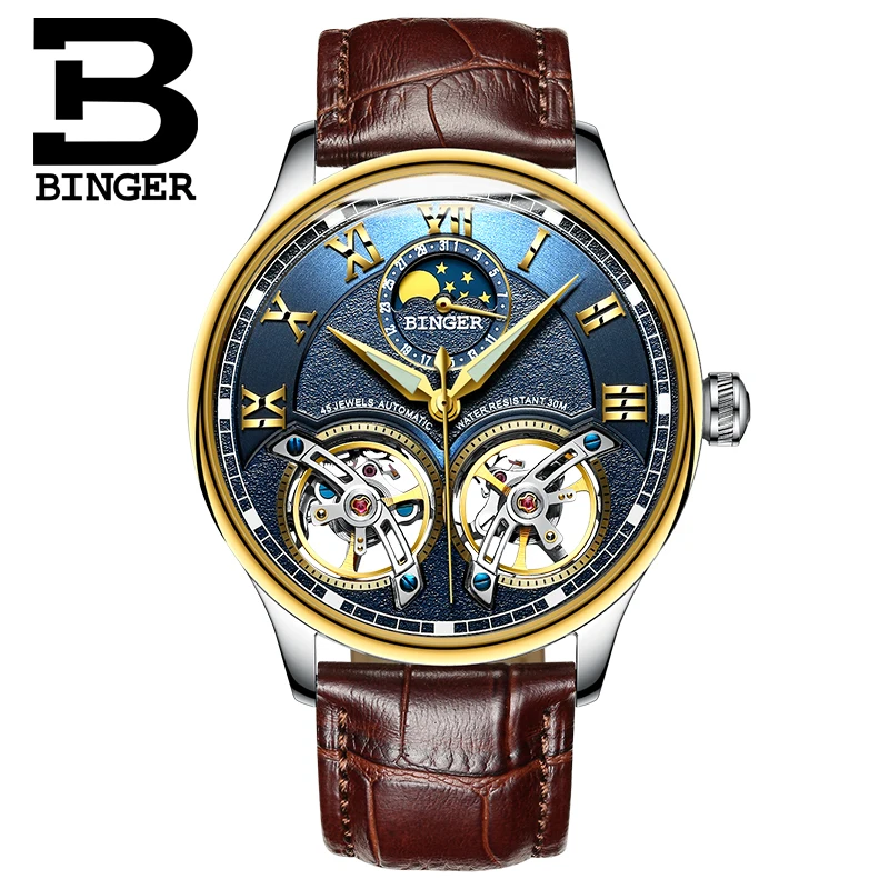 

Double Tourbillon Watches BINGER Original Men's Automatic Watch Self-Wind Fashion Men Mechanical Wristwatch Leather