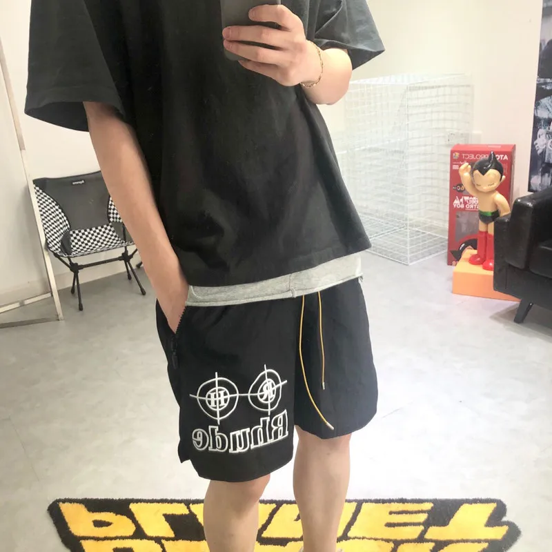 2019 RHUDE неоновые цель шорты летние свободные нейлон Для мужчин в стиле хип хоп Уэйд