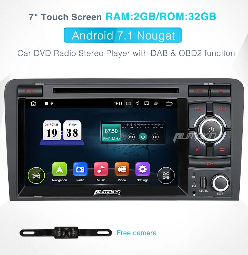 Pumpkin 2 Din7 "Android 7 1 Автомобильный мультимедийный DVD плеер для Audi A3 2003 2011 GPS