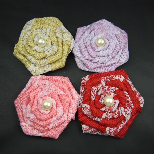 

Free shipping!12pcs/lot 7CM New burlap rosette flowers with lace wedding fabric lace flax flowers can order mixed color