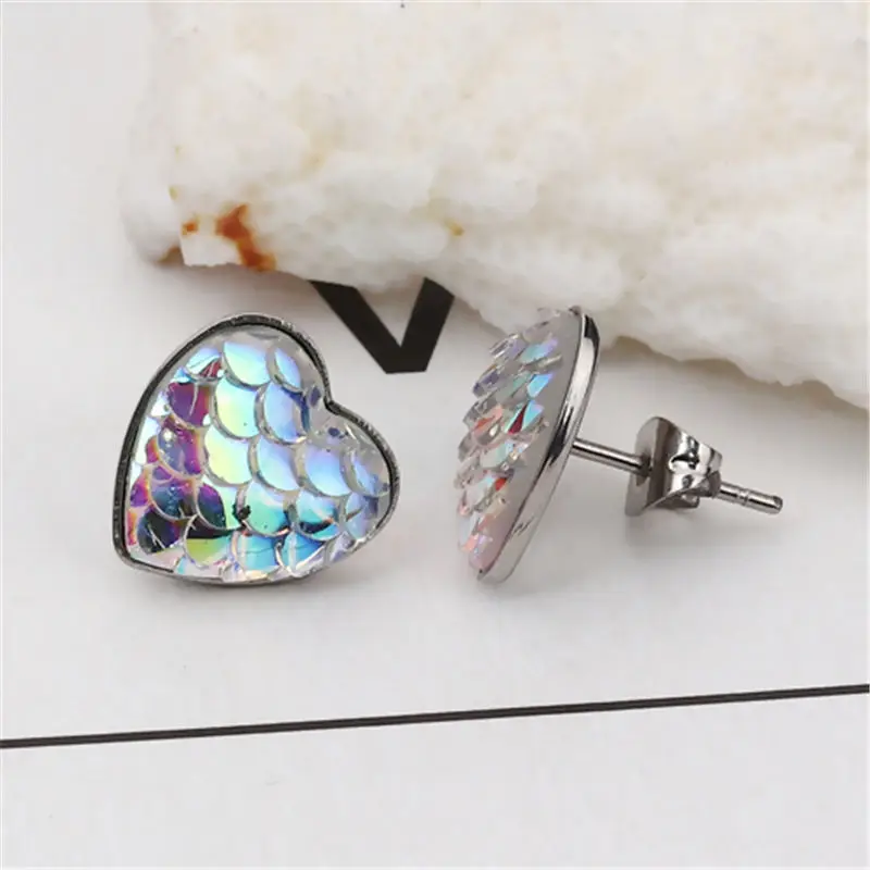 

1 Pair Fashion Ear Post Stud Earrings Stainless Steel & Resin Mermaid Fish/ Dragon Scale Heart AB Color Jewelry 13 x 13mm