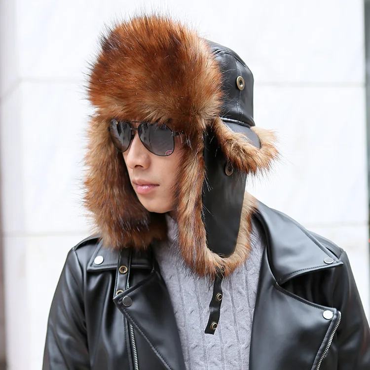 High Quality Winter PU Hats For Women Bomber Hat Faux Fur Avaitor Cap With Ear Flaps Hat Outdoor Wind Prevent Russian Snow Hat